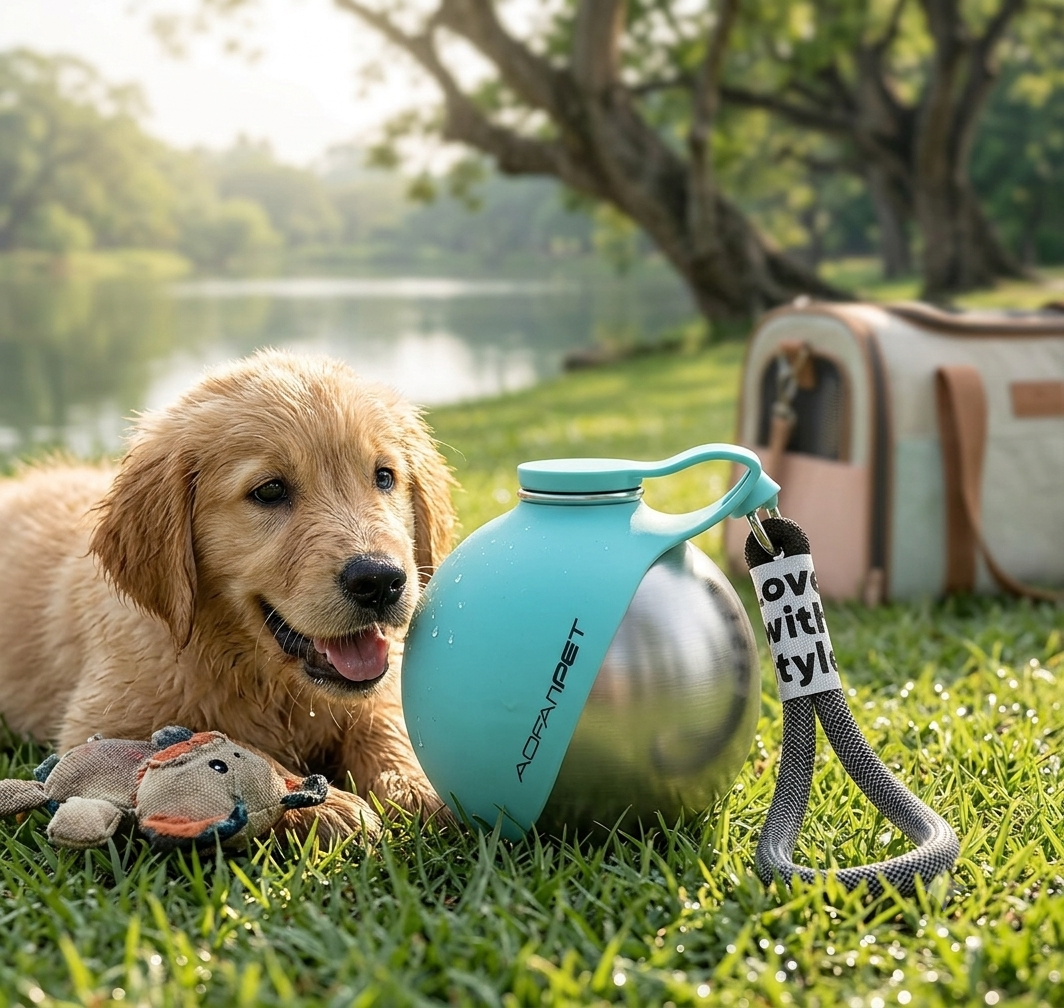 Portable Stainless Steel Portable Dog Water Bottle & Built-In Bowl 10z